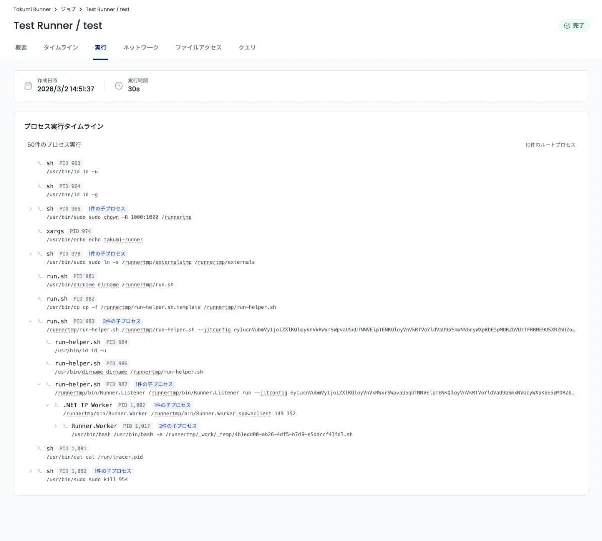 Audit Utility Runnerのプロセス実行タイムライン画面